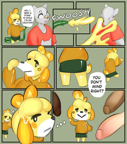 anthro bottomwear clothing dialogue disembodied_penis female genitals goo_transformation grey_body group holding_hose male open_mouth penis red_clothing red_shirt red_topwear shirt simple_background skirt smile species_transformation tail text topwear transformation twinning yellow_body attikipp animal_crossing nintendo isabelle_(animal_crossing) canid canine canis domestic_dog felid mammal 2024 absurd_res comic digital_media_(artwork) english_text hi_res