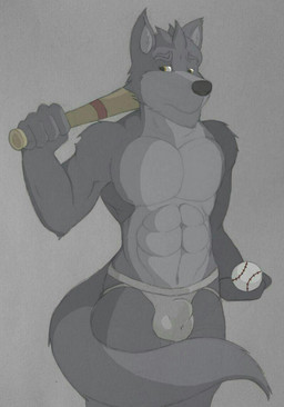 abs anthro athletic athletic_male ball baseball_(ball) baseball_bat bat_(object) bulge clothed clothed_male clothing detailed_bulge fur grey_body grey_fur holding_ball holding_bat holding_object jockstrap jockstrap_bulge jockstrap_only male male_anthro solo standing topless topless_male underwear underwear_only nega_threuy canid canine canis mammal wolf 2018 hi_res