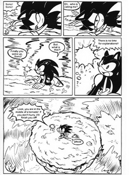 anthro dialogue dirt grass leaf plant speech_bubble text thought_bubble tornado waking_up ayamepso sega sonic_the_hedgehog_(series) sonic_the_hedgehog eulipotyphlan hedgehog living_star mammal black_and_white comic english_text line_art monochrome