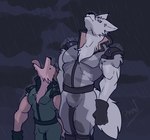 anthro belt bulge clothed clothing duo fur gloves handwear looking_up male meme_pose muscular muscular_anthro muscular_male raining spikes tail tongue tongue_out wet wet_body wet_fur pinumontbalou epic_games fortnite yummy_rain_(meme) fennix_(fortnite) volpez_(fortnite) arctic_fox canid canine canis fox mammal red_fox true_fox hi_res meme brother_(lore) brothers_(lore) sibling_(lore)