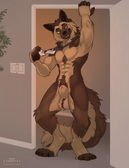 4_toes 5_fingers abs animal_genitalia anthro arm_tuft ball_tuft balls bedroom_eyes biceps big_balls big_sheath biped broad_shoulders brown_body brown_claws brown_fur brown_nose canine_genitalia chest_tuft claws crotch_tuft digitigrade dipstick_fingers dipstick_toes door doorway elbow_tuft feet finger_claws fingers fluffy fluffy_fur fluffy_tail fully_sheathed fur genitals hand_above_head hand_on_doorframe head_tilt head_tuft holding_object houseplant in_doorway inner_ear_fluff inside knee_tuft lanyard lanyard_only leg_markings leg_tuft light_switch long_tail looking_at_viewer male mane markings multicolored_body multicolored_fur muscular muscular_anthro muscular_male narrowed_eyes navel neck_tuft nude open_door open_mouth paws pecs plant pubes quads seductive sheath smile snout socks_(marking) solo standing tail tan_body tan_fur teeth text toe_claws toeless_(marking) toeless_socks_(marking) toes tuft two_tone_body two_tone_fur yellow_eyes zempy3 patreon canid canine canis domestic_dog german_shepherd herding_dog mammal pastoral_dog 2025 artist_name compression_artifacts digital_media_(artwork) hi_res shaded signature soft_shading url warm_colors watermark