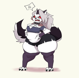 alternative_fashion angry anthro belly belly_grab belly_squish big_belly black_bottomwear black_claws black_clothing black_ears black_legwear black_mouth black_nose black_shorts black_tail blue_clothing blue_topwear bottomwear breasts claws clothing collar cross-popping_vein ear_piercing eyelashes female goth grey_hair hair hand_on_belly hand_on_own_belly huge_thighs legwear notched_ear obese open_mouth overweight overweight_anthro overweight_female piercing red_sclera red_tongue shorts simple_background solo spiked_collar spikes squish tail teeth thick_thighs three-quarter_view tongue topwear two_tone_tail weight_conscious white_background white_body white_eyes white_inner_ear white_tail aplefrit hellaverse helluva_boss mythology loona_(helluva_boss) canid canid_demon canine demon hellhound mammal mythological_canine mythological_creature 2026 colored digital_media_(artwork) hi_res shaded