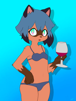 anthro bikini bikini_bottom bikini_top blue_bikini blue_bikini_bottom blue_bikini_top blue_clothing blue_hair blue_swimwear brown_body brown_fur brown_nose clothing container cup drinking_glass facial_markings female fur glass glass_container glass_cup gloves_(marking) hair head_markings holding_container holding_cup holding_drinking_glass holding_glass holding_object holding_wine_glass markings mask_(marking) multicolored_eyes navy_ears navy_hair solo swimwear tan_body tan_fur two-piece_swimsuit wine_glass hikaridraws brand_new_animal studio_trigger michiru_kagemori canid canine mammal raccoon_dog tanuki 3:4 absurd_res hi_res