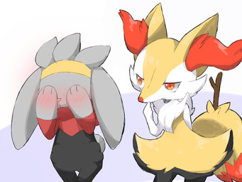 ambiguous_anthro ambiguous_gender anthro blush blushing_profusely covering covering_face dipstick_tail duo front_view hand_to_mouth leaning leaning_forward markings object_in_tail simple_background snout stick stick_in_tail tail tail_markings walking ofuro_3126 nintendo pokemon braixen canid generation_6_pokemon generation_8_pokemon mammal pokemon_(species) raboot 2021 4:3 digital_drawing_(artwork) digital_media_(artwork) hi_res japanese_description translated_description female_(lore) male_(lore)