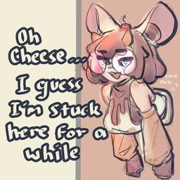 anthro arm_warmers armwear black_sclera cherry clothing crop_top eyewear female fingerless_gloves food fruit glasses gloves hair handwear heterochromia medium_hair mouse_ears mouse_hole plant shirt smug smug_face smug_grin solo stuck suggestive suggestive_pose text through_wall topwear ysundae ysundae_(character) mammal mouse murid murine rodent 1:1 2025 colored digital_drawing_(artwork) digital_media_(artwork) half-length_portrait hi_res portrait sketch