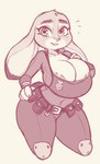 2023 anthro areola areola_slip belt big_breasts breasts cleavage cleavage_overflow clothed clothing curvy_figure disney female greyscale huge_breasts judy_hopps lagomorph leporid long_ears looking_at_viewer mammal monochrome police police_uniform rabbit secretly_saucy sketch solo standing thick_thighs tight_clothing uniform utility_belt voluptuous zootopia