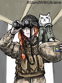 ambiguous_gender armor beanie binoculars clothing duo eyewear female feral fur hair hat headgear headwear helmet military military_clothing military_helmet military_jacket military_uniform orange_hair politics soldier text ukraine ukrainian ukrainian_flag uniform warrior white_body white_fur elvro0 russo-ukrainian_war domestic_cat felid feline felis human mammal 2023 3:4 digital_drawing_(artwork) digital_media_(artwork) english_text hi_res