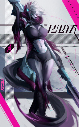 abstract_background anthro barcode black_sclera blue_eyes bottomwear bra clothing coat ear_piercing feet female gauged_ear graphic_design gun hair hotpants jacket long_tail looking_at_viewer melee_weapon piercing pointy_ears polearm ranged_weapon rifle shorts solo spear sports_bra tail talon_hands talons toes topwear underwear weapon white_hair winter_clothing verolzy avulpi hybrid adversarial_noise constructed_language fictional_language hi_res painting_(artwork) watermark