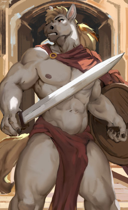 abs anthro areola biped clothed clothed_anthro clothed_male clothing front_view fur hair male melee_weapon navel nipples solo standing sword tail teeth weapon juiceps kian_honsington equid equine horse mammal 2026 absurd_res digital_drawing_(artwork) digital_media_(artwork) hi_res