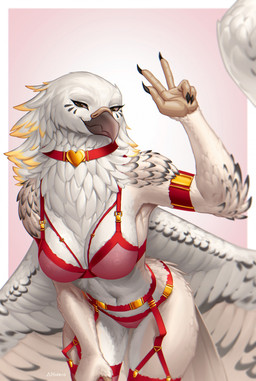 5_fingers anthro areola beak big_breasts biped bra breasts camel_toe claws clothed clothed_anthro clothed_female clothing feathers female finger_claws fingers front_view legwear navel nipples non-mammal_breasts non-mammal_navel non-mammal_nipples panties scuted_arms scutes simple_background smile solo standing tail thick_thighs thigh_highs underwear white_body white_feathers white_tail white_wings wide_hips wings neis13 eurana_(raveger) accipitrid accipitriform avian bird eagle harpy_eagle 2026 absurd_res digital_drawing_(artwork) digital_media_(artwork) hi_res