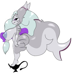 anthro areola big_areola big_breasts big_butt big_nipples breasts butt dark_sclera female fur green_hair grey_body grey_fur hair machine magic_lamp nipples purple_eyes purple_hair shortstack solo stripes white_body white_fur furball bandai_namco digimon renimpmon android canid canine demon fox genie hybrid imp mammal robot 1:1 hi_res