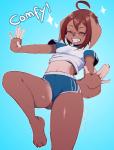 5_fingers anthro barefoot biped bottomwear breasts brown_body brown_fur brown_hair clothed clothing crop_top dolphin_shorts eyes_closed feet female fingers fur hair midriff shirt shorts small_breasts smile solo tail text topwear coffeechicken kess_(coffeechicken) canid canine canis domestic_dog mammal 2019 digital_media_(artwork) english_text