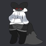 anthro black_body black_fur clothed clothing eyes_closed fluffy fluffy_tail fur hand_in_pocket jacket legwear male pockets red_eyes simple_background solo tail thigh_highs topwear hyperfreakfem valance_(hyperfreakfem) canid canine domestic_cat felid feline felis fox hybrid mammal 1:1 hi_res