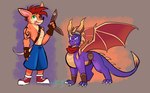 anthro bag boomerang bottomwear bracelet clothing duo eyewear feral footwear gloves goggles green_eyes handwear horn jewelry male pants purple_body purple_eyes scarf shoes simple_background tail tattoo tongue wings clevzx activision crash_bandicoot_(series) mythology spyro_the_dragon crash_bandicoot spyro bandicoot dragon mammal marsupial mythological_creature mythological_scalie scalie 2022 digital_drawing_(artwork) digital_media_(artwork) hi_res signature