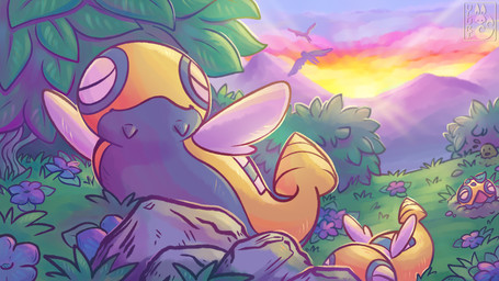 ambient_silhouette ambiguous_gender detailed_background feral flower grass group mountain outside plant rock shrub silhouette sun sunset tree wings yellow_body uluri nintendo pokemon ambient_bird ambient_flier ambient_pokemon avian bird diglett dunsparce generation_1_pokemon generation_2_pokemon pokemon_(species) 16:9 2019 hi_res wallpaper widescreen