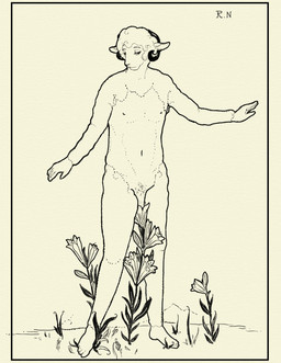 anthro feet flower fur genitals horn lilies looking_at_viewer male narrowed_eyes navel nipples nude nude_anthro nude_male outside penis plant solo standing standing_on_toes wool_(fur) reynard_goodfellow reynard_the_baa bovid caprine mammal sheep hi_res monochrome