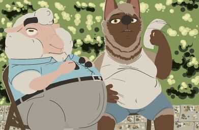 3_fingers 4_fingers aged_up amber_eyes anthro belt black_nose blue_bottomwear blue_clothing blue_shirt blue_shorts blue_topwear bottomwear breasts brown_body brown_fur chair clothed clothed_anthro clothed_female clothed_male clothing collared_shirt detailed_background digit_ring duo eyebrows facial_markings fanning fanning_self female fingers folding_chair fully_clothed fully_clothed_anthro fully_clothed_female fully_clothed_male fur furniture hand_on_belly head_markings horizontal_pupils husband_and_wife jewelry male markings married_couple mask_(marking) mature_anthro mature_female mature_male multicolored_body multicolored_fur on_chair open_mouth overweight overweight_male plant pupils ring shirt shorts sitting sitting_on_chair stone_wall striped_neck tank_top thick_eyebrows topwear wall_(structure) wedding_ring white_clothing white_shirt white_tank_top white_topwear wool_(fur) conditional_dnp tangerine_(artist) pack_street anneke_(weaver) remmy_cormo aardwolf bovid caprine hyena mammal sheep 2026 aliasing binary_drawing digital_drawing_(artwork) digital_media_(artwork) hi_res