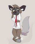 anthro bottomless brown_body brown_fur clothed clothing featureless_crotch fur grey_background head_tuft looking_at_viewer male necktie shirt simple_background smile solo topwear tuft meowmavi aggretsuko sanrio haida_(aggretsuko) hyena mammal spotted_hyena hi_res