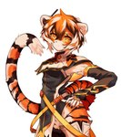 anthro clothed clothing female fur hair multicolored_hair orange_body orange_fur orange_hair simple_background solo striped_body striped_fur stripes white_background nanasaka_831 arknights hypergryph studio_montagne waaifu_(arknights) felid mammal pantherine tiger 2023 hi_res