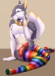 balls choker clothing erection fur genitals jewelry legwear male multicolored_body multicolored_fur necklace penis pose solo stockings tail blackbatwolf king_manu sergal hi_res