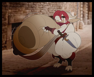 anthro areola big_areola big_breasts big_butt black_border border breasts brown_areola brown_nipples butt clothing exposed_breasts female fingerless_gloves gloves hair handwear horn huge_breasts huge_butt huge_hips huge_thighs hyper hyper_breasts knife multicolored_body nipples red_eyes red_hair smile solo thick_thighs two_tone_body wide_hips daeriusus kobold scalie hi_res