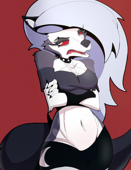 anthro bottomwear breasts clothing collar crossed_arms ear_piercing ear_ring fangs female fur grey_body grey_fur grey_hair hair navel open_mouth piercing red_sclera ring_piercing shorts solo spiked_collar spikes teeth topwear white_body white_eyes white_fur doylecoati hellaverse helluva_boss mythology loona_(helluva_boss) canid canid_demon canine demon hellhound mammal mythological_canine mythological_creature 2025 absurd_res digital_media_(artwork) hi_res