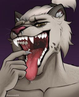 anthro bodily_fluids brown_eyes facial_piercing fur fur_markings male markings mouth_shot nose_piercing open_mouth piercing pointing_at_mouth saliva saliva_on_tongue saliva_string scar solo teeth teeth_showing tongue tongue_out uvula raccoon24 microsoft the_elder_scrolls felid feline khajiit mammal absurd_res hi_res