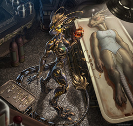 alternative_fashion antennae_(anatomy) anthro breasts butt detailed_background duo female gas_canister green_body holding_heart_(organ) lying machine medical_instrument nude on_back scalpel scientific_instrument standing steampunk surgical_instrument tail lambdakat kobold robot scalie 2024 digital_media_(artwork) hi_res