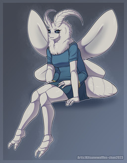 2_toes antennae_(anatomy) anthro arthropod_abdomen blue_eyes bottomwear breasts clothed clothing feet female fluffy fully_clothed insect_wings multi_arm multi_limb neck_tuft non-mammal_breasts shirt sitting skirt solo toes topwear tuft white_body wings kitsunewaffles-chan khepri_(drpawsworth) arthropod insect lepidopteran moth 2023
