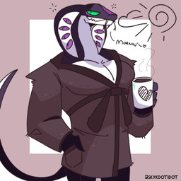 anthro bathrobe biped brown_bathrobe brown_clothing brown_robe clothed clothed_anthro clothed_male clothing container countershade_face countershade_neck countershade_tail countershade_torso countershading cup dialogue fangs flesh_fang front_view green_sclera hand_in_pocket holding_container holding_cup holding_mug holding_object looking_at_viewer male mug multi_eye multicolored_body muscular muscular_anthro muscular_male overbite pecs pockets pose pupils purple_body purple_sclera robe simple_background slit_pupils snake_hood snout solo tail talking_to_viewer teeth text tight_clothing tight_topwear tongue tongue_out topwear two_tone_body unusual_anatomy unusual_eye_placement white_background white_body white_countershading skykdotidot cyrus_(jhorrin) cobra reptile scalie snake 2024 absurd_res artist_name digital_drawing_(artwork) digital_media_(artwork) english_text hi_res portrait three-quarter_portrait