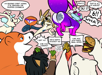 auction bidding burger butt butt_focus butt_tattoo clothing dialogue electronics food fries microphone money panties speech_bubble surprised tattoo text transformation underwear logtut palworld pocketpair cosmo_allstar lalia_luan bear canid canid_taur canine canine_taur canis domestic_dog fox fox_taur lagomorph leporid lovander mammal mammal_taur pal_(species) polar_bear rabbit taur ursine english_text