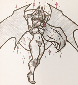 anthro breasts dark_sclera female flying genitals hair hands_behind_head ink long_hair machine moon night nipples plantigrade pointy_ears red_eyes smile sparkles star vulva wings zeffa android bat mammal robot hi_res sketch traditional_media_(artwork)