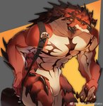 abs anthro bag beak black_sclera bulge claws colored_sclera featureless_chest featureless_crotch hair horn large_pecs male muscular pupils scales short_hair shoulder_bag solo yellow_pupils rathalosx4 capcom monster_hunter flying_wyvern rath_wyvern rathalos absurd_res hi_res