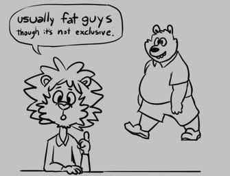 anthro belly bottomwear clothing duo humanoid_hands male obese obese_anthro obese_male overweight overweight_anthro overweight_male shirt shorts text topwear osos bear felid lion mammal pantherine 2015 english_text monochrome