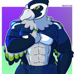 abs anthro biceps bottomwear clothed clothing clothing_lift feathers green_eyes grey_body grey_feathers jersey looking_aside male mascot muscular muscular_anthro muscular_male neck_tuft pants pecs shirt shirt_lift smile solo topwear tuft fizzyjay nfl seattle_seahawks blitz_the_seahawk accipitrid accipitriform avian bird 1:1 hi_res