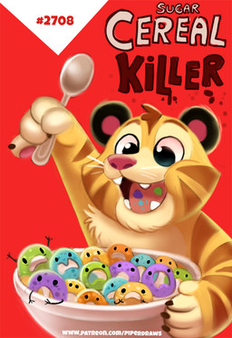 ambiguous_gender anthro black_body black_eyes black_fur bowl brown_body brown_fur cereal claws container cutlery dot_eyes eating fangs food fur group humor kitchen_utensils milk open_mouth orange_body orange_fur pun scared simple_eyes spoon tan_body tan_fur teeth text tools visual_pun whiskers piper_thibodeau felid food_creature mammal pantherine tiger 2020 digital_media_(artwork) digital_painting_(artwork) english_text painting_(artwork) url