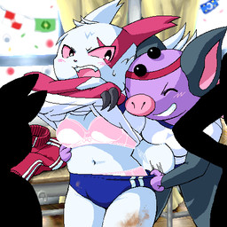 adolescent anthro anthrofied asian_clothing biped black_claws black_nose blue_bottomwear blue_buruma blue_clothing blue_shirt blue_topwear blush bottomwear bra breasts buruma classroom claws clothed clothing clothing_lift detailed_background discarded_clothing duo_focus east_asian_clothing eyes_closed facial_markings female female/female fur grey_body grey_ears grey_skin grin group head_markings inside japanese_clothing markings monotone_bra monotone_clothing monotone_panties monotone_underwear multicolored_body multicolored_bottomwear multicolored_buruma multicolored_clothing multicolored_fur multicolored_shirt multicolored_skin multicolored_topwear navel no_sclera open_mouth panties pink_blush pink_bra pink_clothing pink_eyes pink_nose pink_panties pink_tongue pink_underwear pokemorph public pupils purple_body purple_skin red_body red_clothing red_ears red_fur red_markings red_topwear school shirt shirt_lift small_nose smile standing tail teeth tongue topwear two_tone_body two_tone_bottomwear two_tone_buruma two_tone_clothing two_tone_fur two_tone_shirt two_tone_skin two_tone_topwear underwear undressing white_body white_bottomwear white_buruma white_clothing white_ears white_fur white_shirt white_topwear young young_anthro g-sun nintendo pokemon generation_3_pokemon grumpig pokemon_(species) zangoose 1:1 low_res