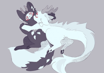 ambiguous_gender anthro black_body black_fur cheek_tuft chest_tuft duo eyes_closed facial_tuft feral fluffy fluffy_tail fur fur_markings hooves horn inner_ear_fluff kissing kissing_cheek markings mask mouth_closed multicolored_body multicolored_fur paws red_body red_fur selfcest simple_background spoiler square_crossover tail tail_tuft tuft two_tone_body two_tone_fur white_body white_fur sabiksphinx asian_mythology chinese_mythology east_asian_mythology fabulous_beasts fenz_(studio) mythology sibuxiang_the_deer_(fabulous_beasts) sibuxiang_the_kirin_(fabulous_beasts) deer dragon kirin mammal mythological_creature mythological_scalie scalie colored hi_res