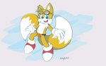 2_tails anthro belly cheek_tuft chest_tuft clothing eyewear eyewear_on_head facial_tuft footwear glasses glasses_on_head gloves handwear male male/male multi_tail red_clothing red_footwear red_shoes shoes simple_background smiley_face solo swimwear tail teeth tuft young young_male alystaircat sega sonic_the_hedgehog_(series) miles_prower canid canine fox mammal hi_res signature
