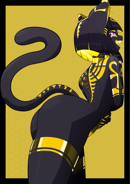 ambiguous_gender ankh anthro black_body black_hair blonde_hair butt ear_piercing golden_markings hair hexagon looking_at_viewer looking_back looking_back_at_viewer nude open_mouth piercing pupils purple_eyes sharp_teeth simple_background slit_pupils solo tail teeth thighs_up yellow_background yellow_mouth toipokun_oyashi felid mammal hi_res