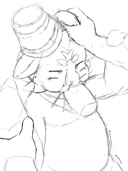 ambiguous_gender ambiguous_penetrated anthro arm_grab blush blush_lines bodily_fluids bucket_on_head claws constricted_pupils cum cum_from_nose cum_in_mouth cum_in_nose cum_inside cum_on_face cum_splatter disembodied_hand disembodied_penis duo ear_grab finger_claws genital_fluids genitals head_scar irrumatio looking_aside male male/ambiguous narrowed_eyebrows nude oral oral_penetration penetration penile penis penis_in_mouth pupils scar sex slightly_chubby small_pupils solo_focus tremble_spikes young young_ambiguous young_anthro rarvalu ambiguous_species bovid caprine goat mammal 3:4 hi_res monochrome sketch