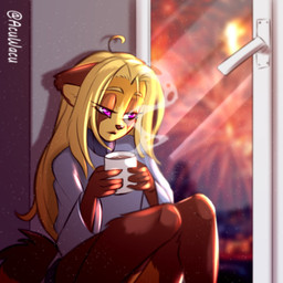 animal_ears anthro beverage brown_body brown_fur coffee femboy fur hair long_hair male purple_eyes solo tail acuwacu fowkes_(acuwacu) ailurid mammal red_panda 1:1 hi_res