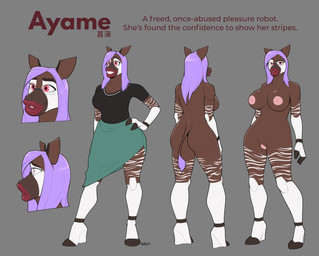 anthro bottomwear clothing eyewear female footwear fur glasses hair high_heels lips long_hair machine purple_hair red_lips shoes skirt solo synthetic thick_lips badroy ayame_(character) giraffid mammal okapi robot absurd_res hi_res