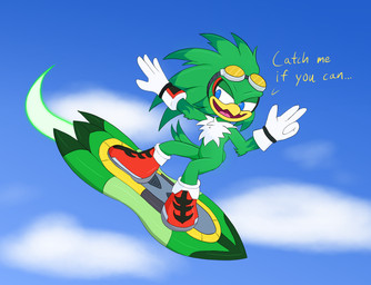 anthro beak blue_eyes clothing cloud extreme_gear eyewear feathers fluffy fluffy_chest flying footwear gloves goggles green_body green_feathers handwear looking_at_viewer male outside shoes smug solo text white_body white_feathers yellow_beak cookie-pone sega sonic_riders sonic_the_hedgehog_(series) jet_the_hawk accipitrid accipitriform avian bird english_text hi_res