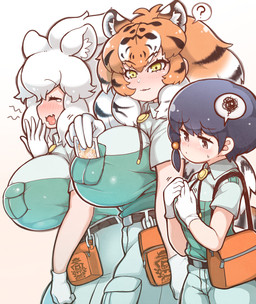 backpack belt big_breasts biped black_hair blush bottomwear breast_envy breast_size_difference breasts brown_eyes clothed clothing eyes_closed female fully_clothed gloves group hair handwear huge_breasts human_and_animal_ears inner_ear_fluff larger_female larger_humanoid light_body light_skin long_hair looking_at_another medium_breasts monotone_hair multi_ear multicolored_hair open_mouth orange_hair pants photo question_mark short_hair short_sleeves side_view simple_background size_difference smaller_female smaller_human speech_bubble standing striped_hair tuft white_background white_clothing white_gloves white_hair white_handwear white_inner_ear_fluff yawn yellow_eyes tanaka_kusao kemono_friends siberian_tiger_(kemono_friends) white_lion_(kemono_friends) animal_humanoid felid felid_humanoid human humanoid lion_humanoid mammal mammal_humanoid pantherine pantherine_humanoid tiger_humanoid digital_media_(artwork) hi_res pictographics shaded