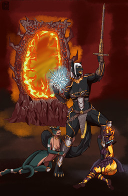 anthro armor balls belt bottomwear breasts butt clothing collar female fire fur fur_markings genitals group gynomorph heroic_pose humanoid_genitalia humanoid_penis intersex loincloth lying magic markings melee_weapon muscular muscular_gynomorph muscular_intersex on_side open_mouth outside penis portal raised_arm size_difference standing sword teeth trio unconvincing_armor weapon pululon bethesda_game_studios microsoft oblivion the_elder_scrolls ashra-nour dar-ma argonian felid feline flame_atronach mammal scalie absurd_res hi_res