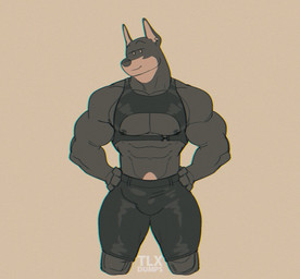 anthro biceps black_body black_fur black_nose bottomwear bulge clothing detailed_bulge ear_piercing ear_ring fur genital_outline hands_on_hips male muscular muscular_anthro muscular_male nipple_piercing nipples no_pupils novelty_clothing pecs penis_outline piercing pointy_ears ring_piercing shorts simple_background solo tan_body tan_fur tight_clothing tofudumps bruce_(tofuxal) canid canine canis dobermann domestic_dog mammal pinscher chromatic_aberration hi_res