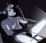 ahegao anthro black_body black_fur blue_eyes bodily_fluids cross-eyed cum cumshot ejaculation electronics fur genital_fluids headphones leaning leaning_backward looking_at_porn looking_pleasured male male/male masturbation orgasm orgasm_face pornography pubes raised_leg solo white_body white_fur white_pubes akumma finnley_adolphos canid canine canis mammal wolf hi_res