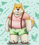 anthro belly big_belly black_nose bottomwear clothing eyes_closed footwear male overweight overweight_male sandals shirt shoes shorts solo suspenders tongue tongue_out topwear 06junior11 canid canine canis domestic_dog mammal 2023 hi_res