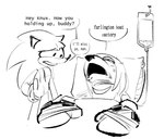 anthro bandage bed bruised duo furniture hospital hospital_bed iv_bag male pillow under_covers the-hydroxian sega sonic_the_hedgehog_(series) knuckles_the_echidna sonic_the_hedgehog echidna eulipotyphlan hedgehog mammal monotreme absurd_res black_and_white hi_res monochrome